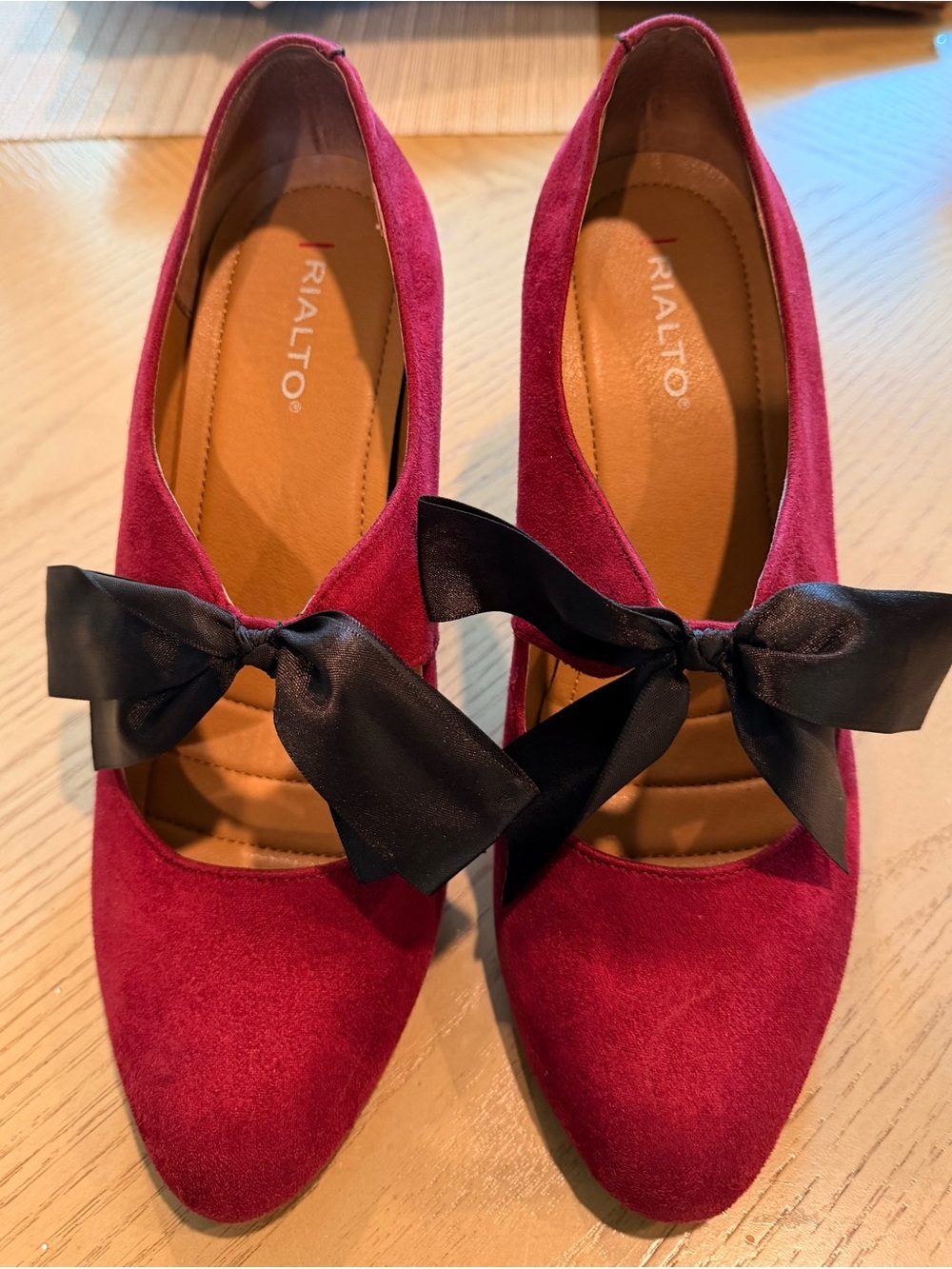 Rialto Burgundy Suede Pumps with Black Satin Bow
